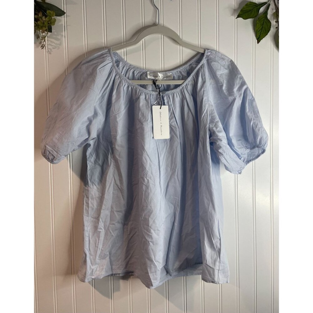 Chelsea & Theodore Light Blue Cotton Puff Sleeve Blouse Button Detail Womens S